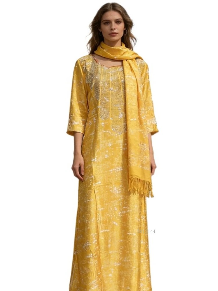 

Африканский большой халат, мусульманское длинное платье 2026, новое платье большого размера с принтом и горячим бурением + платок