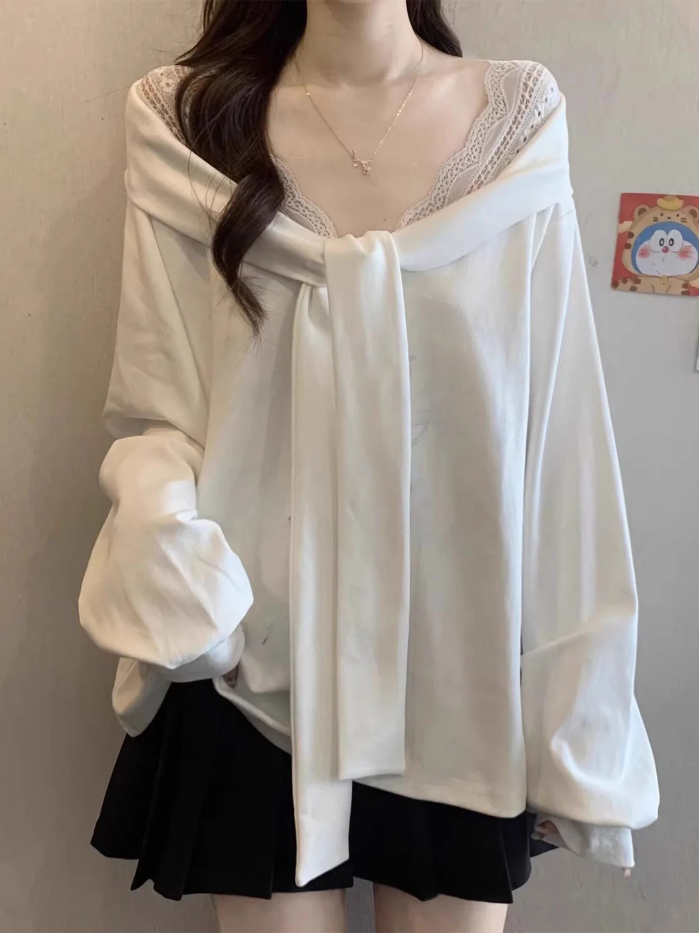 

Женская свободная толстовка-худи с V-образным вырезом и длинными рукавами, имитация двухслойности, большие размеры, весна 2026, повседневная уличная одежда