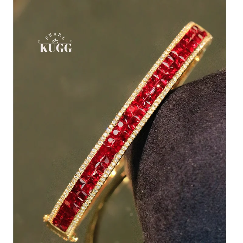 KUGG 100% 18K Yellow Gold Bangle Luxury Elegant Style Shiny Diamond Natural Ruby Bangle for Women Wedding High Party Jewelry