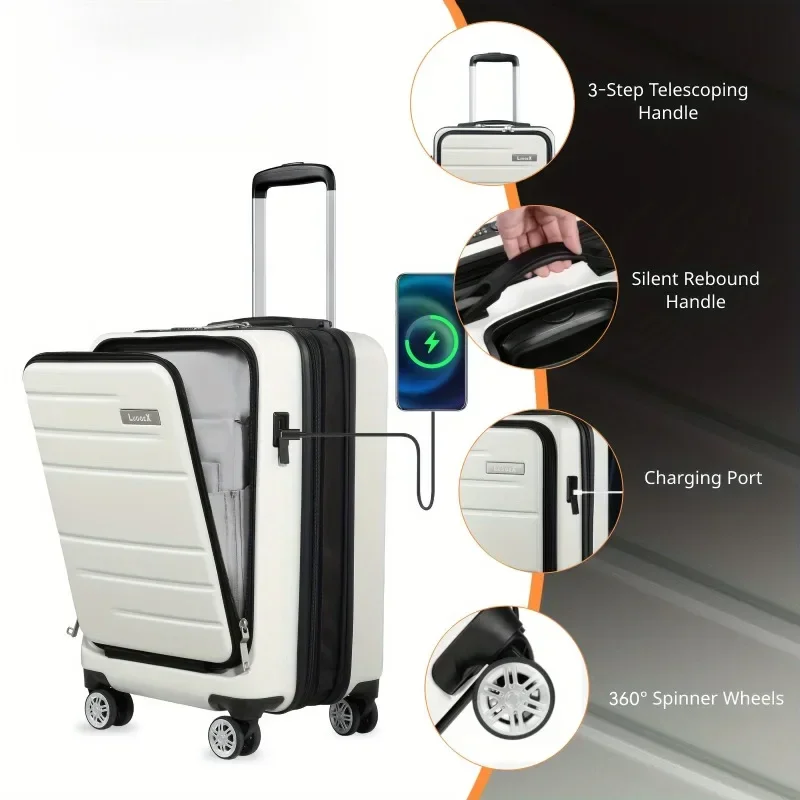 Bagagem de mão com bolso frontal, mala rígida expansível com porta USB, 20 polegadas