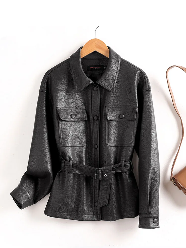 Frauen Kleidung Elegante Weibliche Leder Mantel Revers Gürtel Jacken Streetwear Schwarz Büro Dame 2025