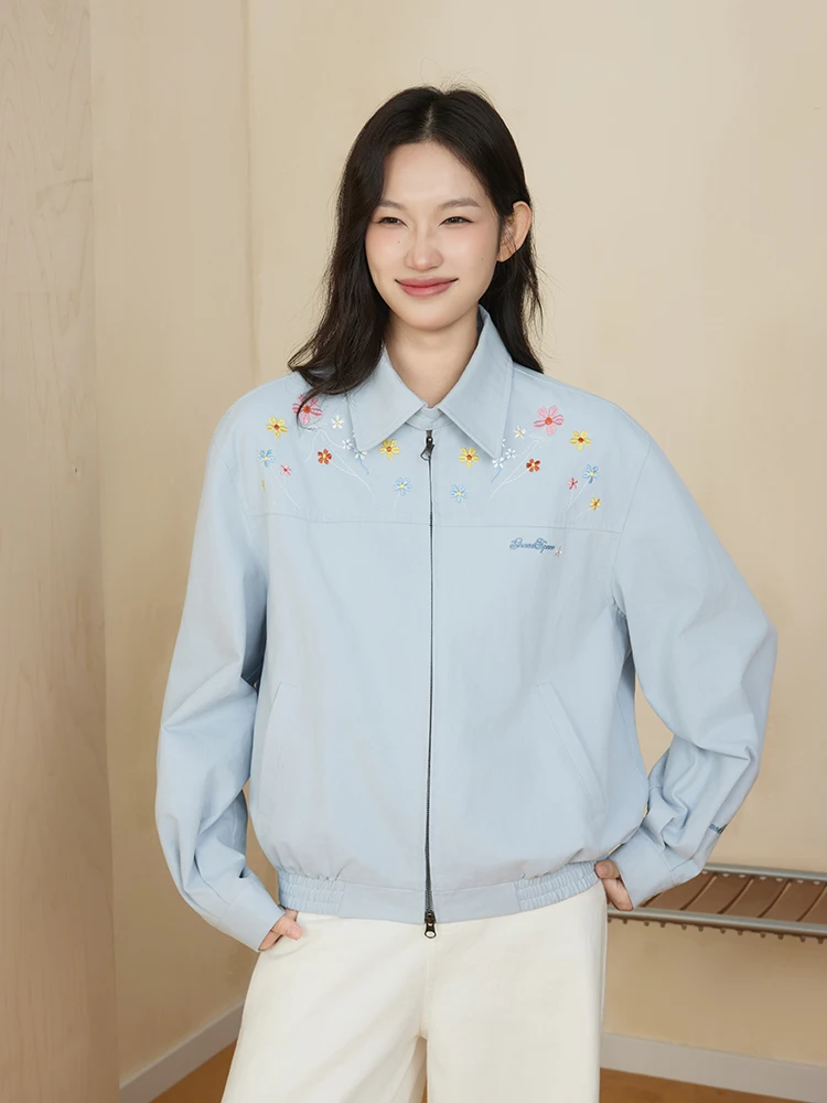 

Blue Embroidered Dopane Flower Casual Jaet Women's Loose Spring Autumn Outerwear Cotton Polyester Blend Long Sve Zipper