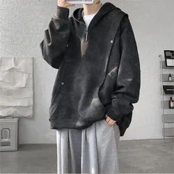 Retro Tie-dye Printed Hoodie Men Fleece Warm Pullover Sweatshirts High Street Hip Hop Streetwear Oversized Unisex Hoodie