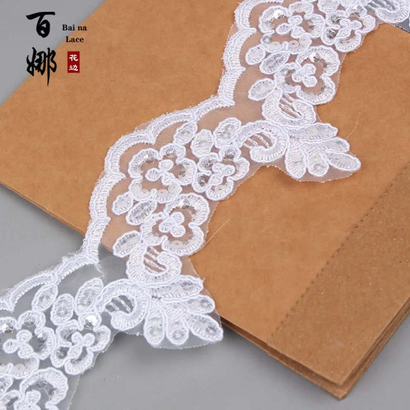 2Yards 8cm wide Exquisite Gold Ivory Cording Lace Embroidery Lace Dress Home Textile Sequin Triming Dance Clothes DIY Materail