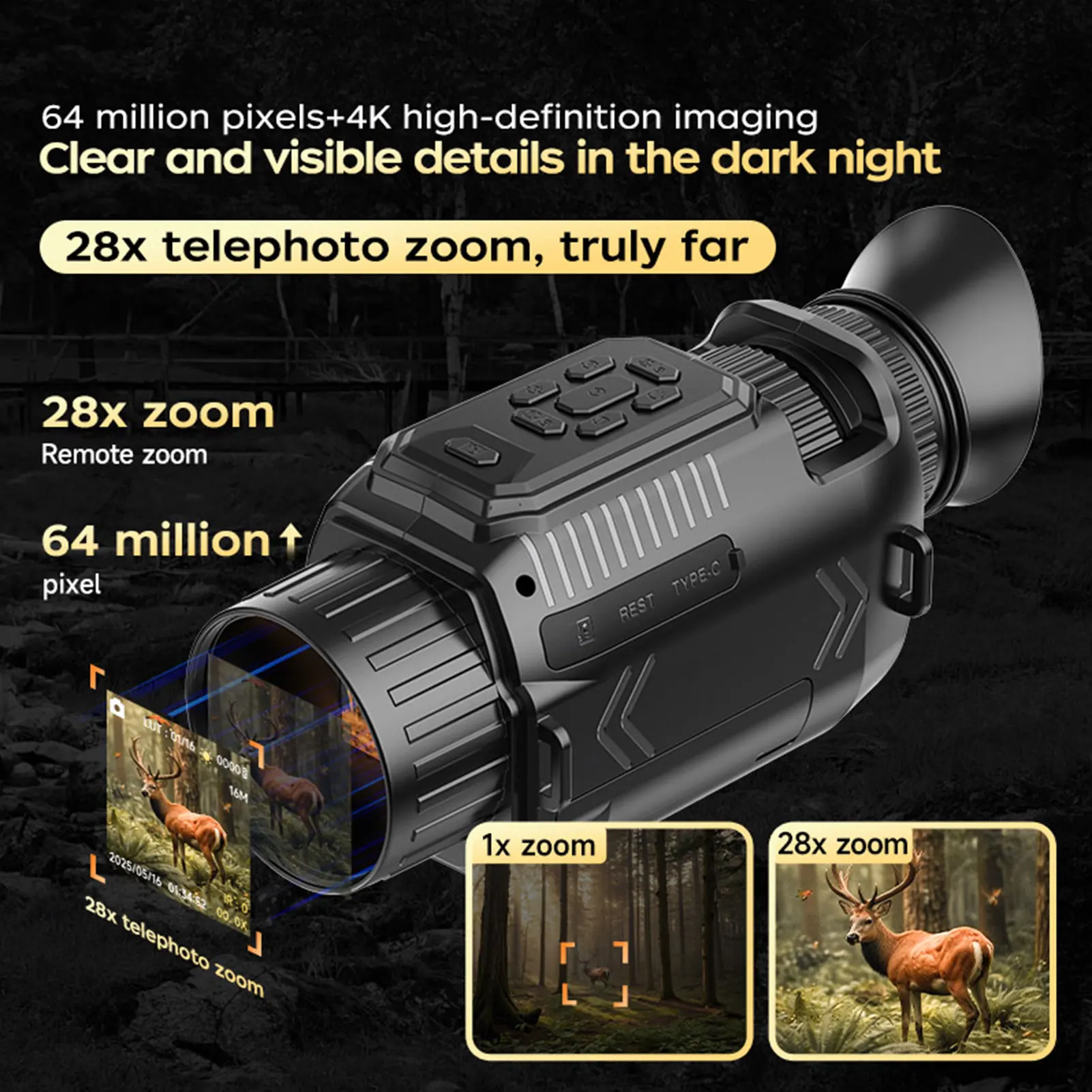

Цифровой инфракрасный телескоп 4K, перезаряжаемый монокуляр, 64 МП, 28-кратный зум, для походов и кемпинга
