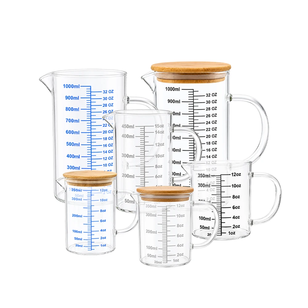 350/500/1000ML Glass Measuring Cups Kettle Kitchen Milk Tea with Lid and Handle Lab High-borosilicate lass Beaker Measuring Mug