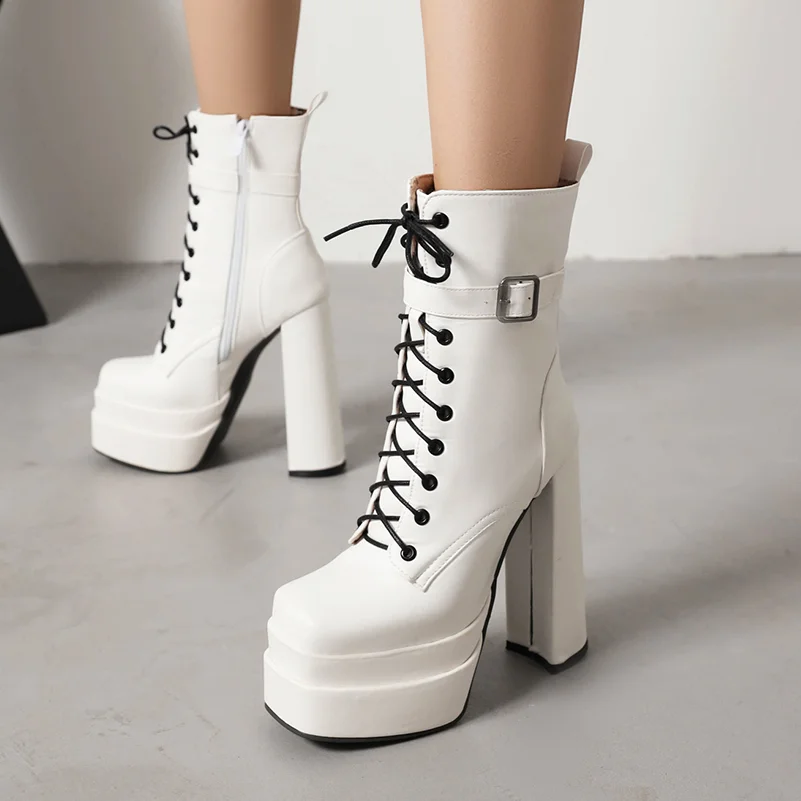 ANNYMOLI Women Pu Leather Fashion Boots Short Boots Platform Hoof High Heels Sqaure Toe Buckle Sexy Zipper Winter Shoes 34-46