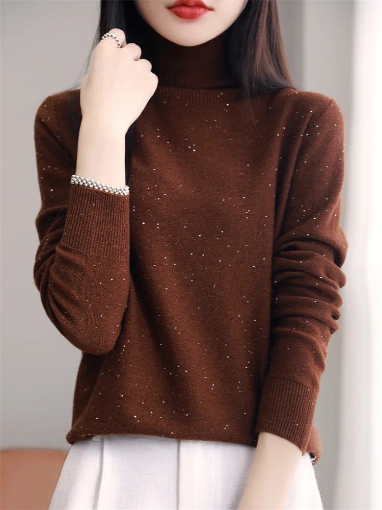 

New Spring Autumn 100% Merino Wool Women Sweater Turtleneck Long Sleeve Stars Solid Color Pullover Comfortable Soft Fashion Tops