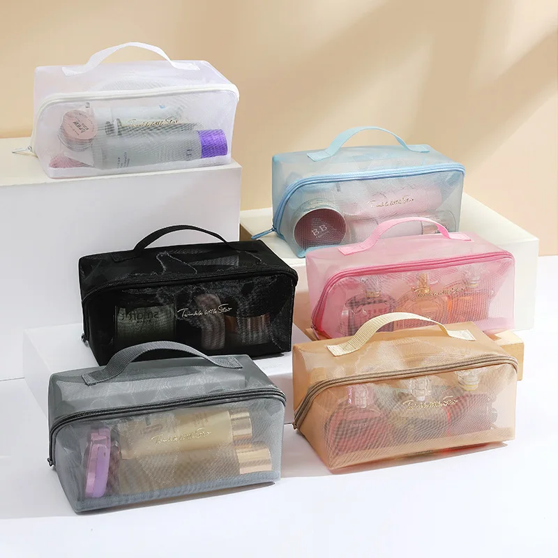 Mesh Transparent Portable Women's Cosmetic Bag Large Capacity Travel Ladies Storage Bags Casual Tote Female Makeup Handbags