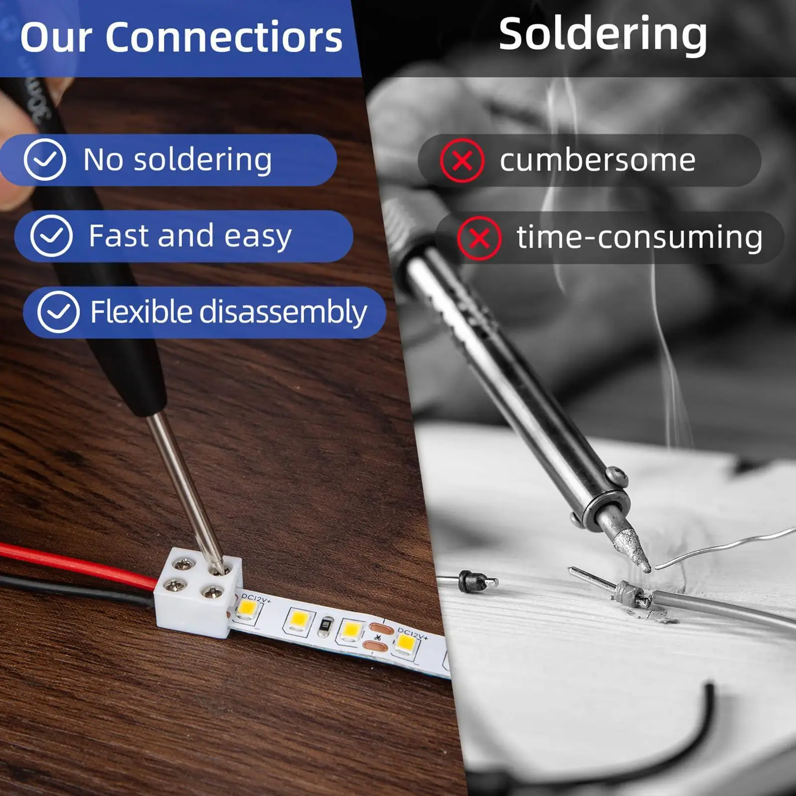 LED Strip Connectors 2Pin 8mm 5V/12V/24V Versatile LED Light Solderless Connector Adapter for 22AWG/20AWG/18AWG/16AWG Solid Wire