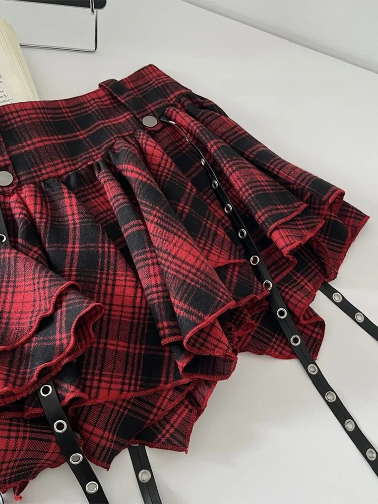 Koreangirl 夏 Y2K ハイウエスト パフィースカート または レッドチェック柄 ユニークな女の子向け スパイシーな女性用スカート レトロ 通勤 スカート