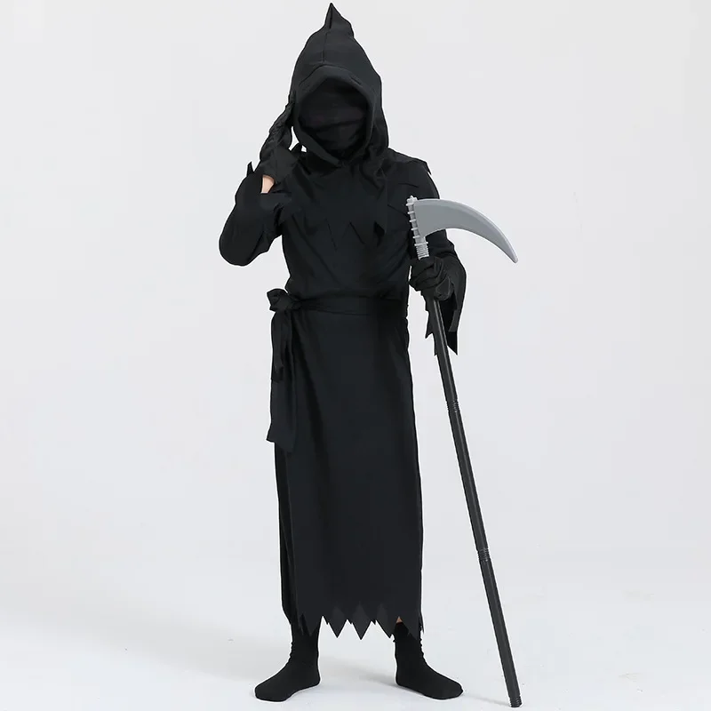 Costume da fantasma della morte Mantello con cappuccio nero Festa di Halloween Cosplay Bambini Spaventoso Grim Reaper Falce Costume Prop Set Regali per bambini