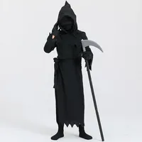 Death Ghost Costume Black Hooded Cloak Halloween Party Cosplay Children Scary Grim Reaper Scythe Costume Prop Set Kids Gifts