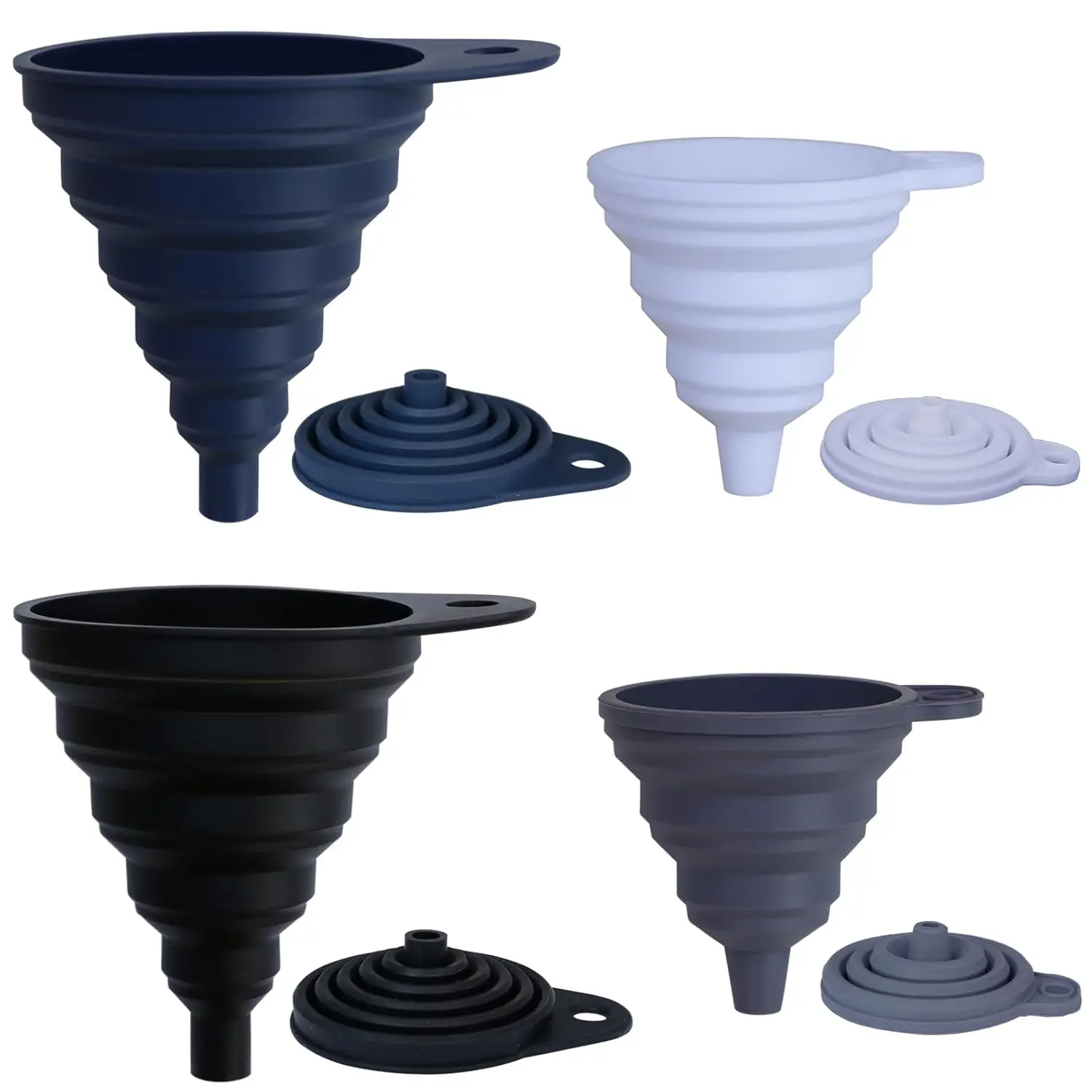

Collapsible Funnels Set of 4, Silicone Kitchen Funnels for Filling Bottles with Assorted Sizes and Colors, Foldable Utensils for