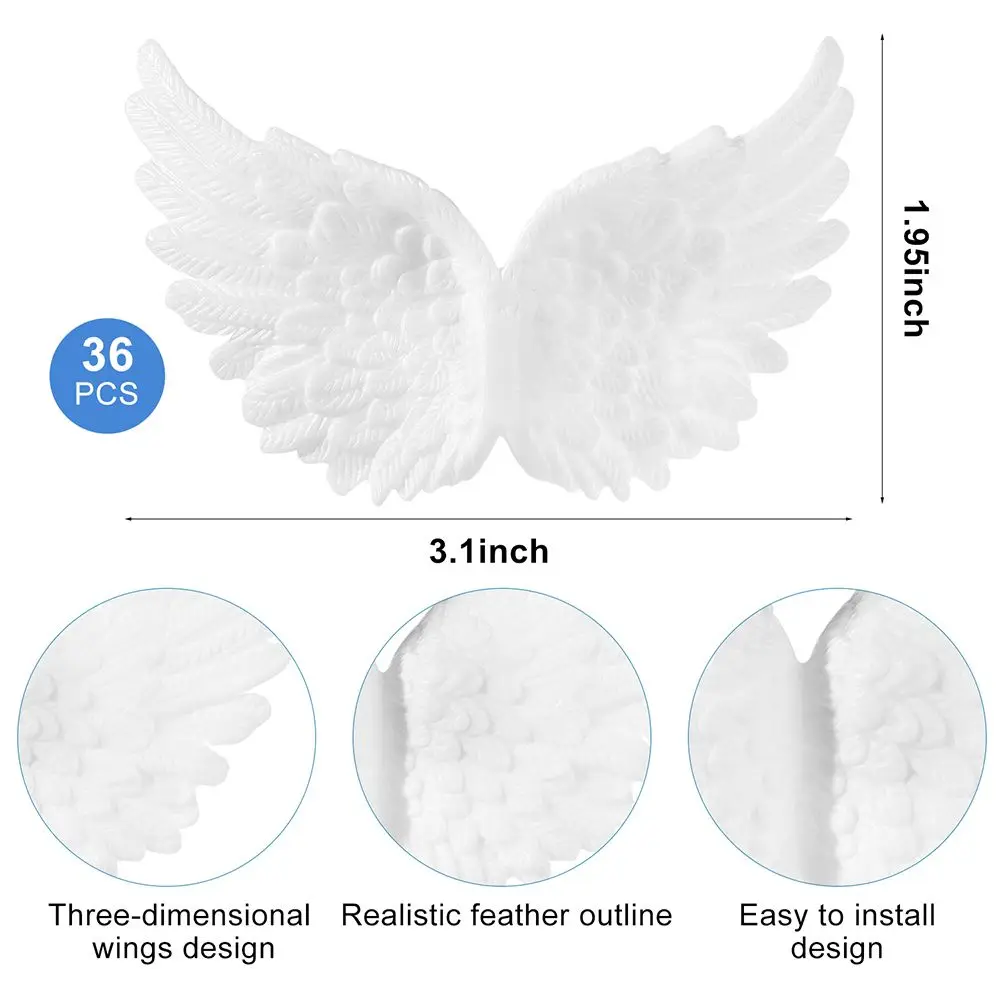 36PCS Plastic Angel Wings for Crafts Mini 3D White Angel Wing Ornament Patches Christmas Tree Hanging Party Crafts Accessories