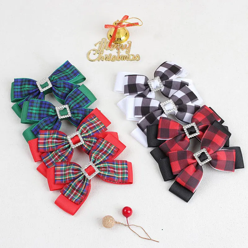 2pcs Rhinestones Bows Hair Clips For Girl Grosgrain Ribbon Plaid Printed Hairpins Kawaii Hair Accessories KidsHairpins Barrettes