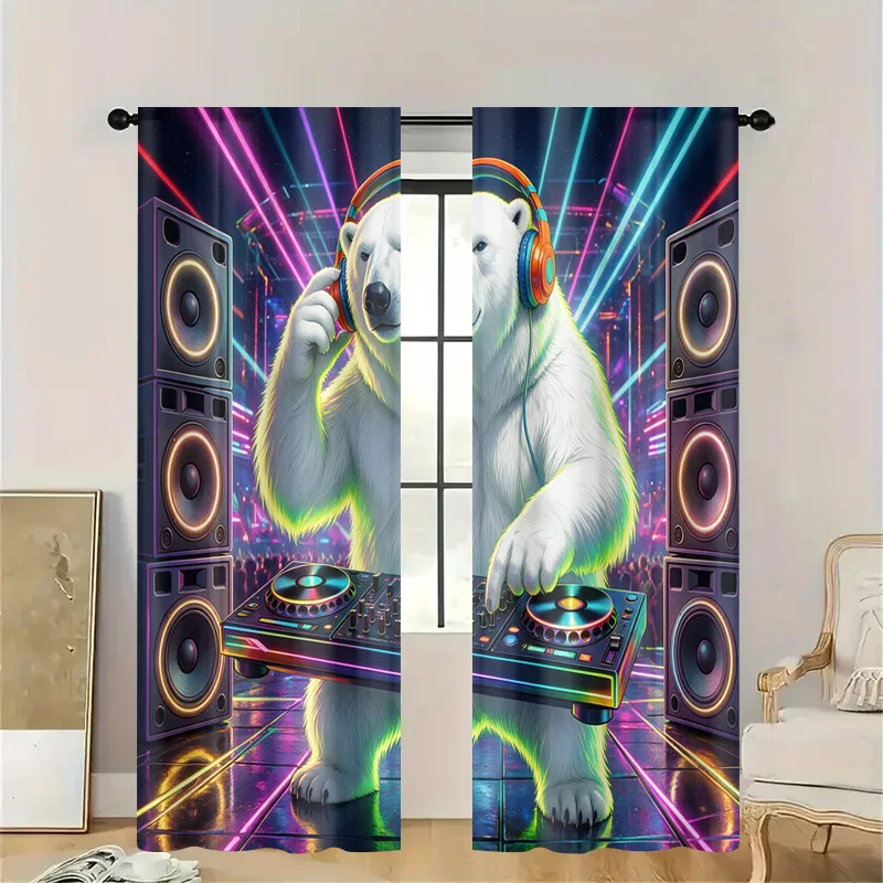 Trendy Neon Disco DJ Polar Bears Curtains for Living Room Window Decor Modern Music Rave Festival Accent Curtains
