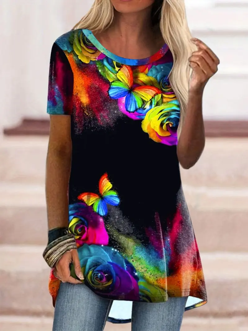Women's round Neck Short Sleeve Loose T-shirt Casual Pullover Top with Irregular Hem Concealing Flesh Slimming Effect