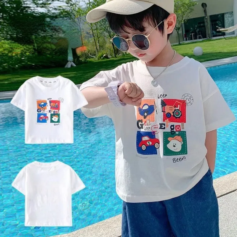 

Summer Handsome Cool Kids Boy Casual Cartoon Bear Print Trendy Children's Pure Cotton T-shirt Short Sleeve Toddler Tees Han Fan