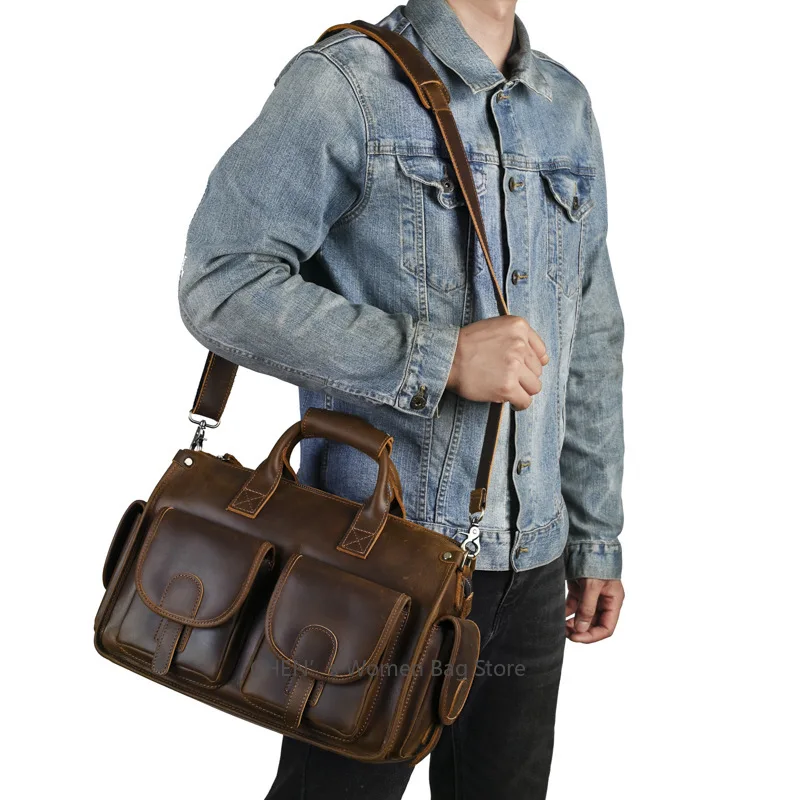 حقيبة كروس رجالية كاجوال ذات سعة كبيرة، حقيبة كتف من جلد البقر الأصلي، حقيبة يد من الجلد المدبوغ بالخضراوات #4