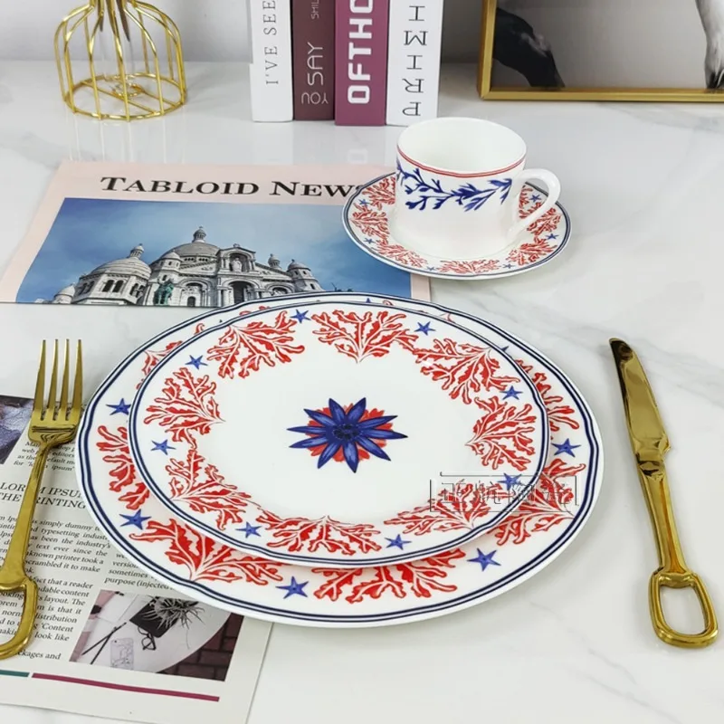 

High-Value Red Coral Ceramic Steak Plate 4-Piece Set French Style Tableware for Home Hotel Dinner Plates Wholesale