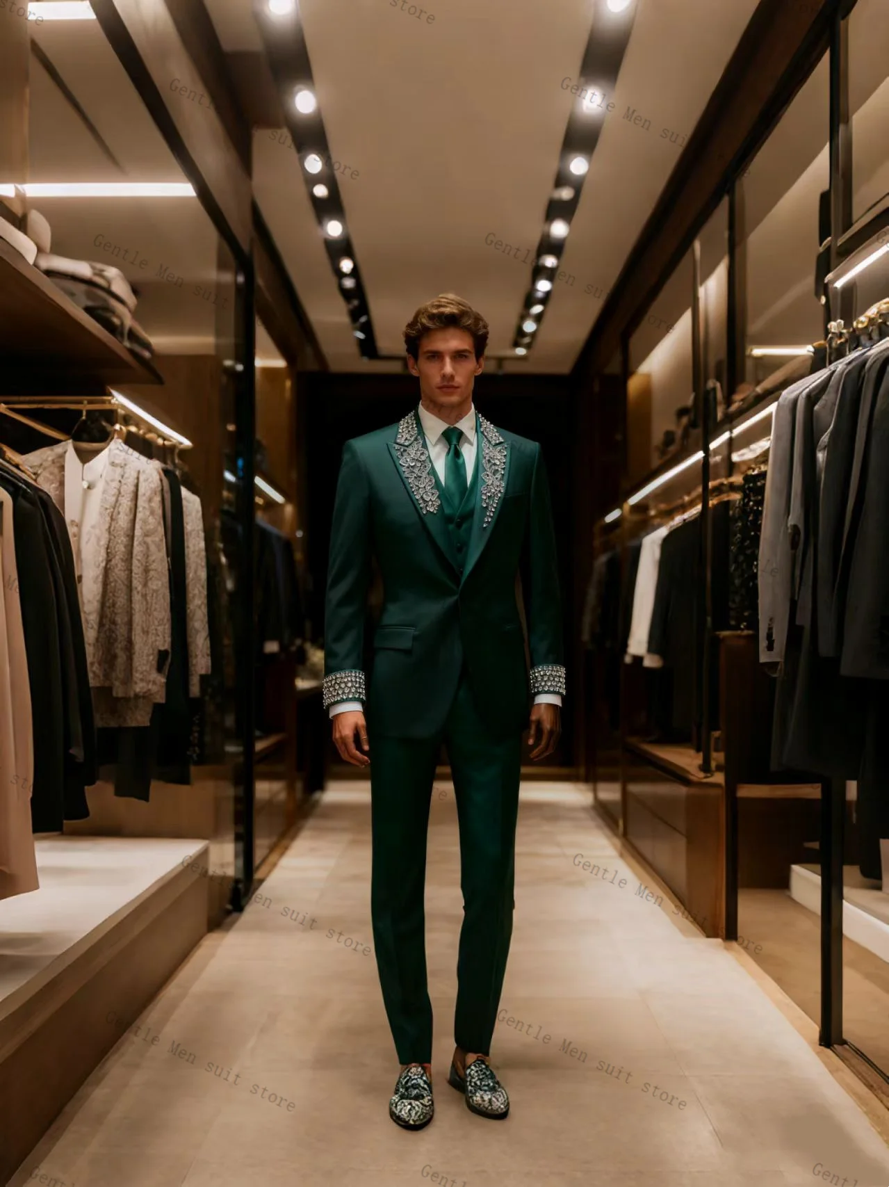 

Luxury Green Men Suit Set 2 Pcs Blazer+Pants Trouser Crystals Groom Wedding Tuxedo Formal Office Business Jacket Coat Customized