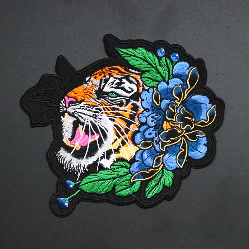 Large Peony Tiger Size: 25.2x22CM Patch Iron On For Clothes Motorcycle Patch Embroidered Patches For Clothing Sticker Stripe