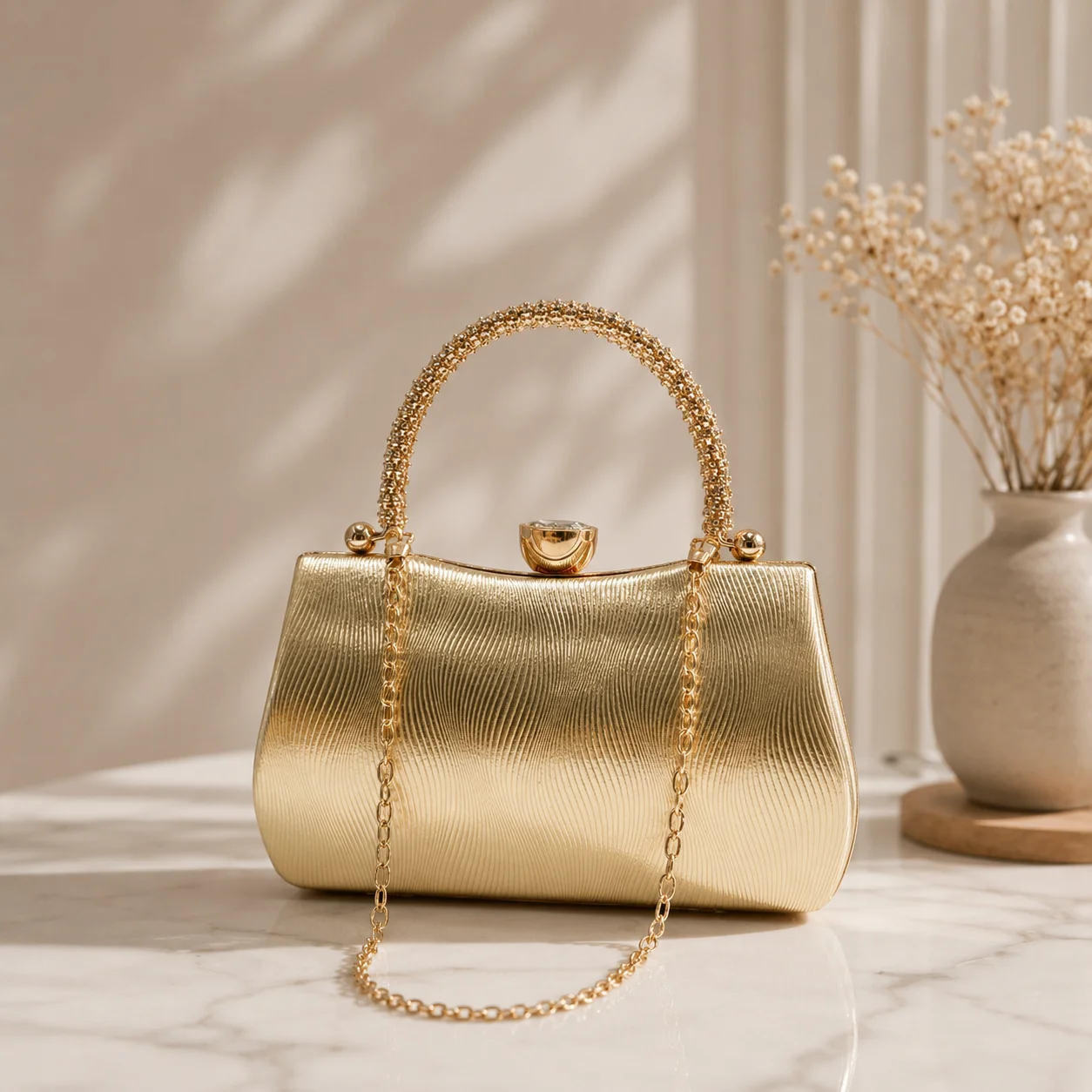 

Luxury Gold Evening Clutch Bag for Women Elegant Metal Handbag Wedding Party Banquet Purse with Top Handle