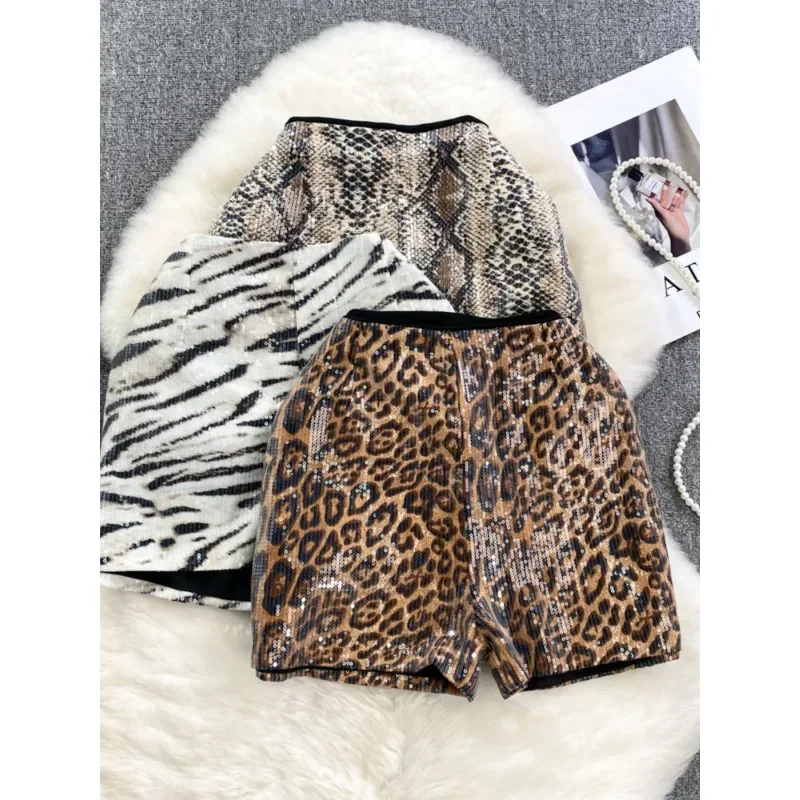 Korean Fashion High-waisted Slimming Sequin Leopard Print Wide-leg Shorts Chic Casual Boot Pants Hot Pants Women Autumn/Winter