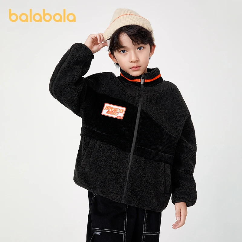 

Balabala Kids Boy Cotton Jacket Autumn and Winter Loose Lambswool Stand Collar Plus Fleece Jacket