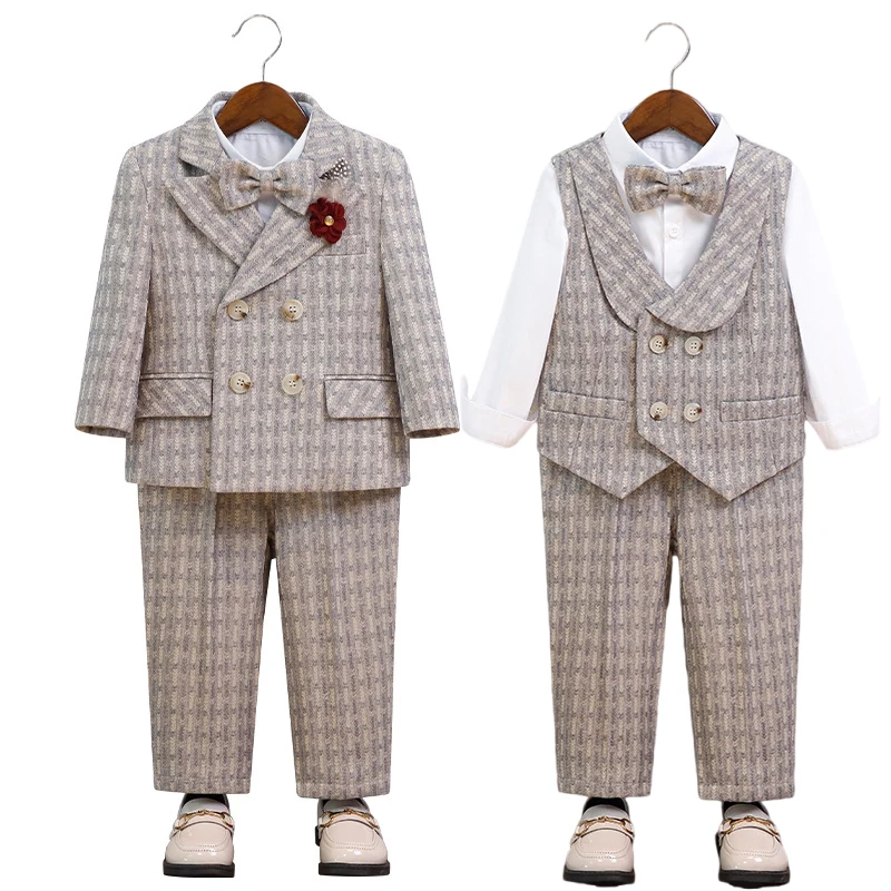 

Child Gray Striped Suit Set Boys Piano Host Performance Birthday Photography Costume Kids Blazer Vest Pants Bowtie Brooch Outfit