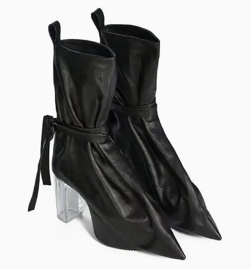 

Black Gray Soft Leather Pointed Toe Platform Crystal Transparent Square Heels Ankle Boots Lace-up High Heel Booties Women