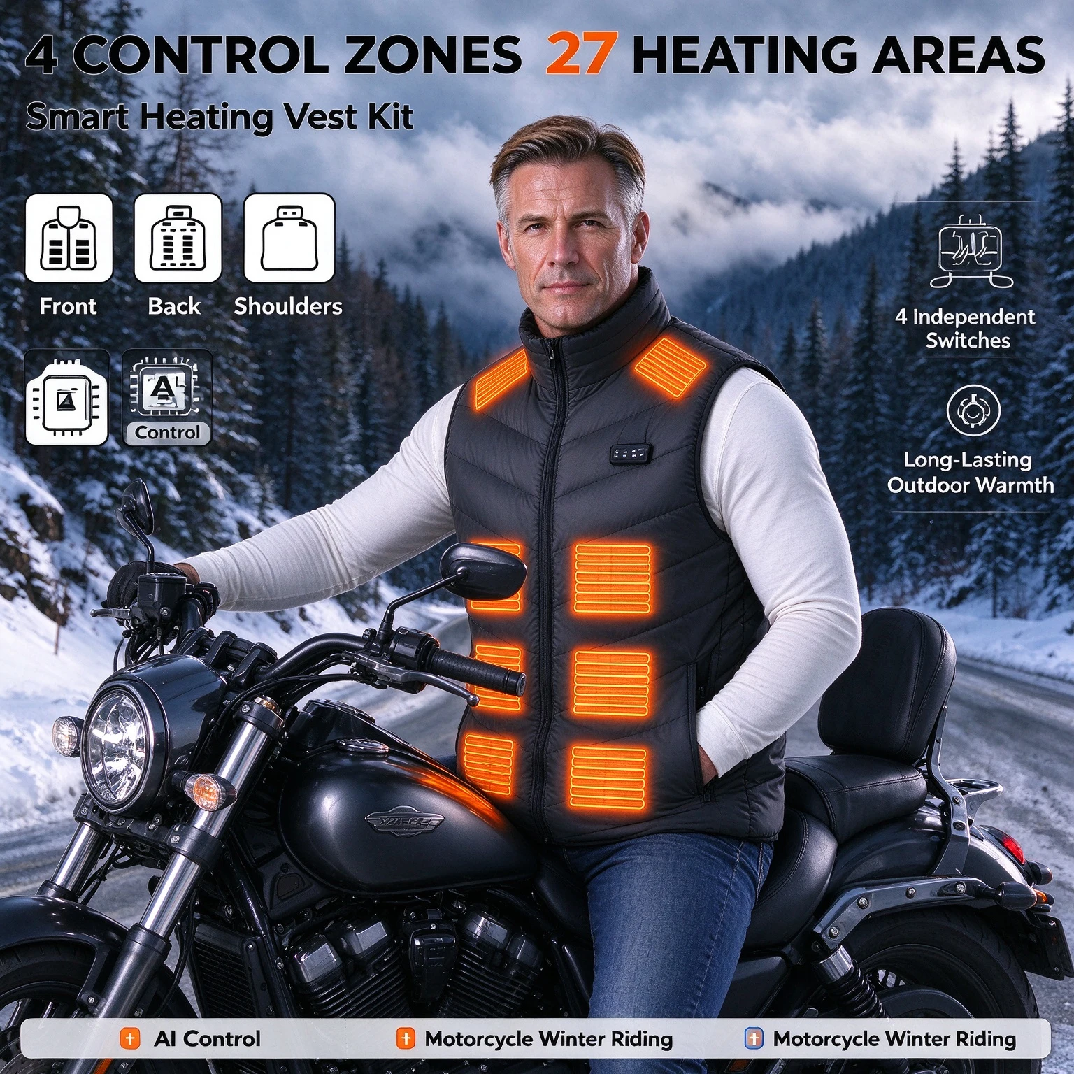 バイク用ヒートベスト、USB接続式電気ヒーター内蔵ベスト、男 - Motorcycle Jacket Thermal Liner のレビューと価格