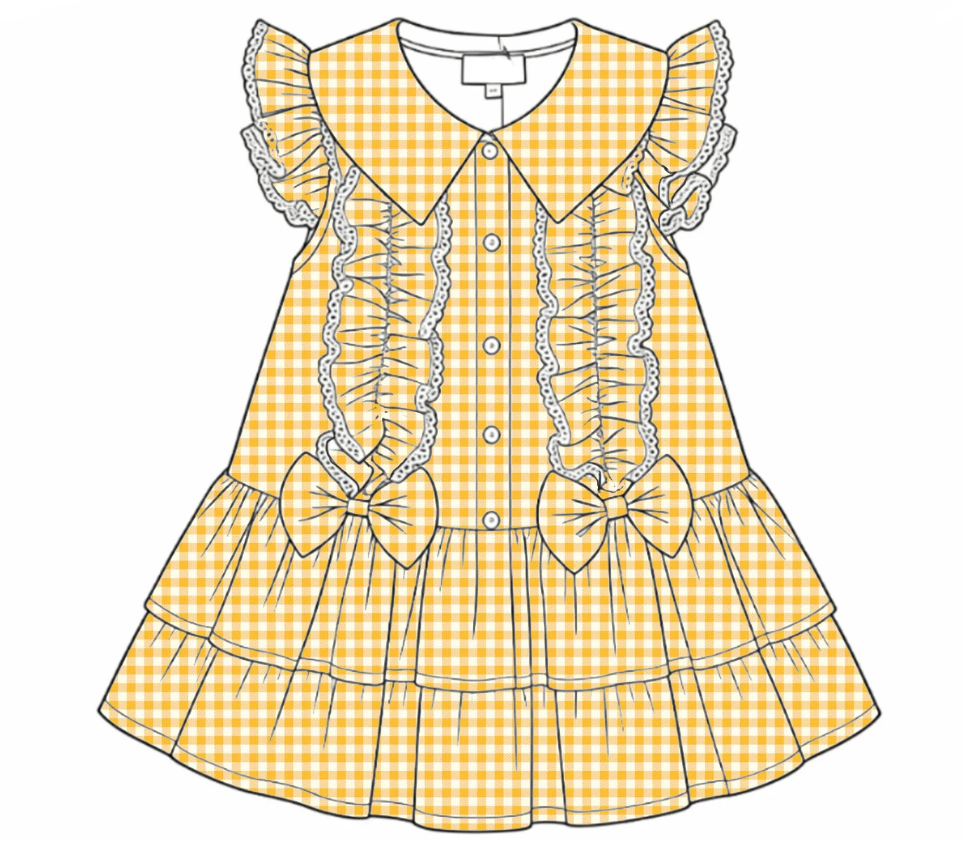 Hot-Selling Girls' Dress Lapel Small Flutter Sleeves With Ruffles Collar Buttons Bow Decoration Solid Color Plaid Print Wholesal