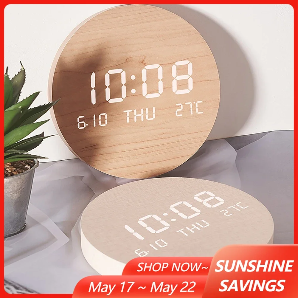 LED Digital Wall Clock Temperature Date Time Multi-function Display Silent Alarm Clock for Bedroom Living Room Hanging Clock