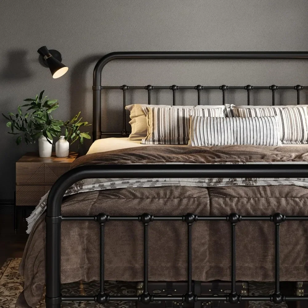 Queen Size Metal Plataforma Bed Frame, estilo vitoriano Cabeceira de ferro forjado, Footboard, sem caixa Primavera necessária, preto