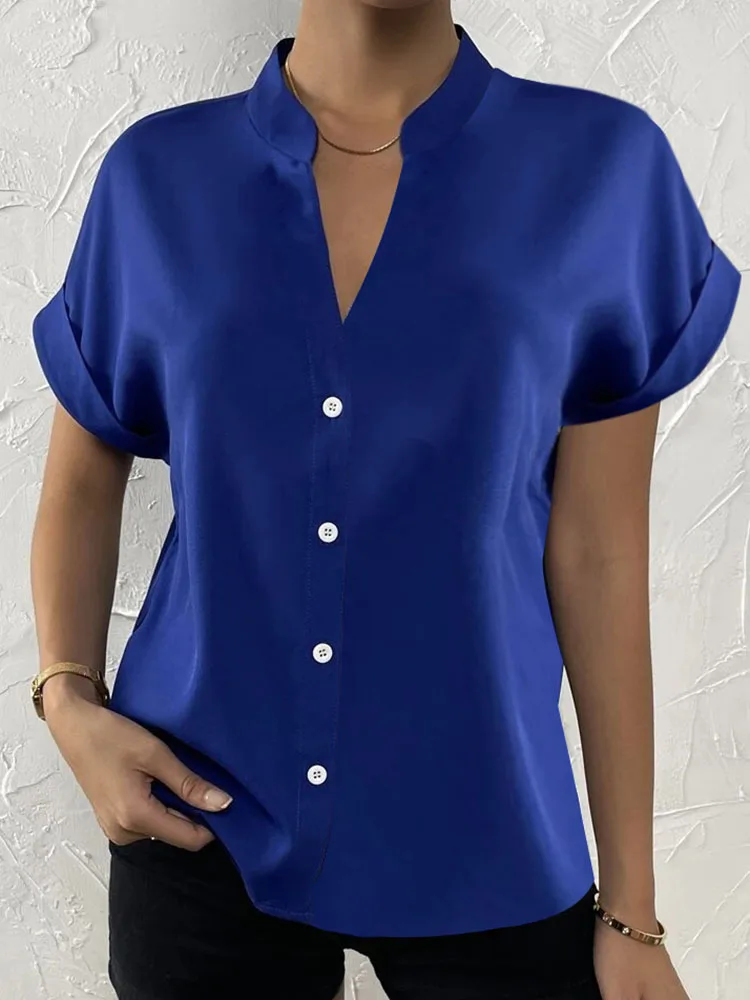 Blusa de gasa blanca para mujer, novedad de verano, camisas simples de manga corta con cuello en V, Top Vintage elegante para mujer, Top informal,