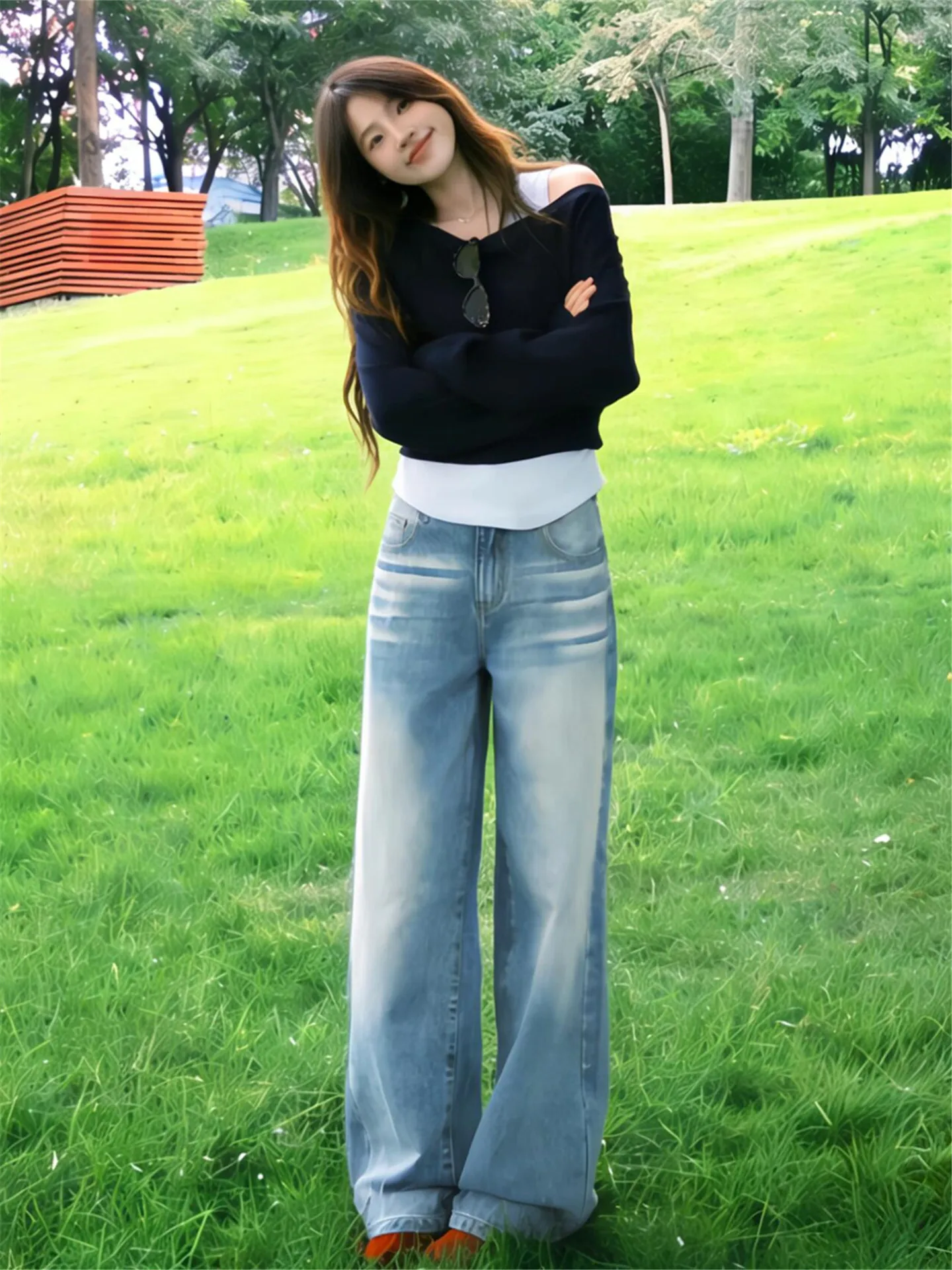 

Extended Length Slimming High Waist Wide Leg Jeans Women's Summer Loose Straight Cut Floor Length Pants Bamboo Leaf Pattern