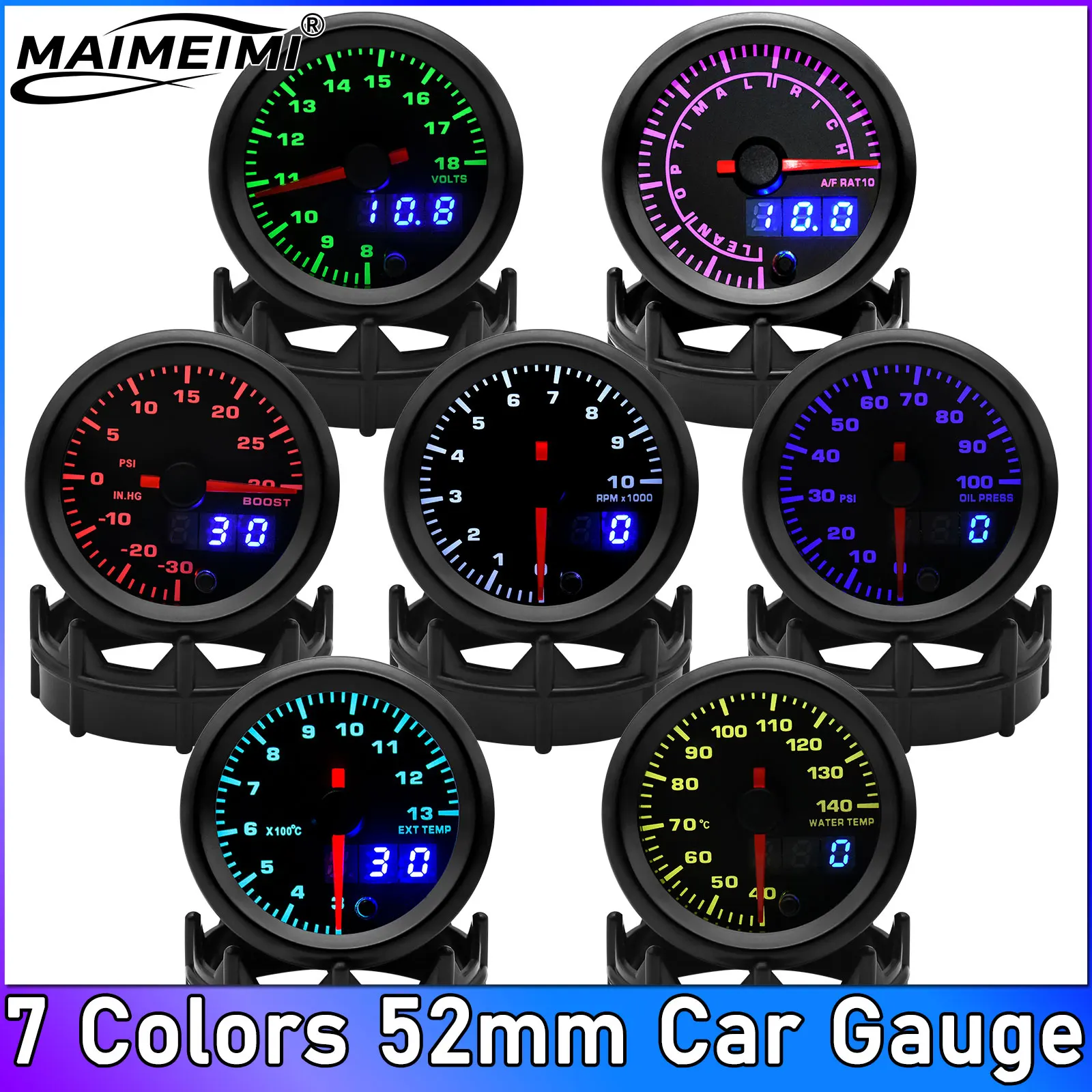 7 Colors 52mm Boost Gauge LED Dual Display Water Temp Oil Temp Oil Pressure Air Fuel Ratio EGT Tachometer Car Gauge Customized