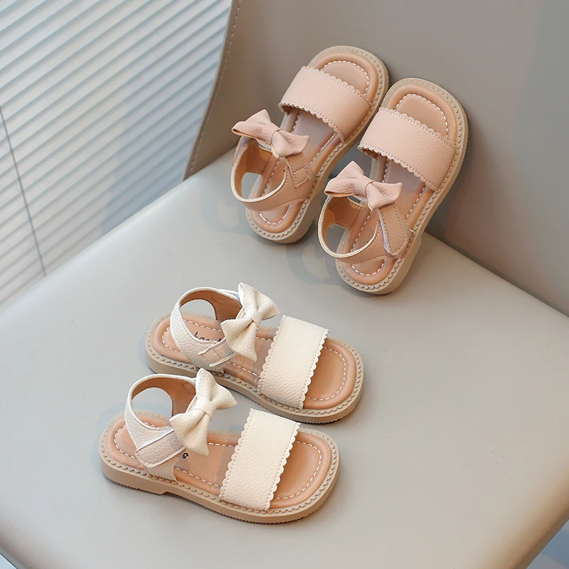 Baby Girls Summer Solid Color Bow Princess Square Head Kids Beach Casual Comfort Sandals Children Elegant Student Flat Bottom