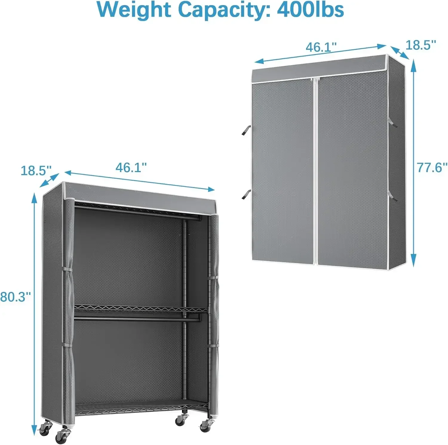 V12C Heavy  Rolling Garment Rack with Cover Clothing Rack for Hanging Clothes Portable Closets with Adjustable 3 Wire Shelving
