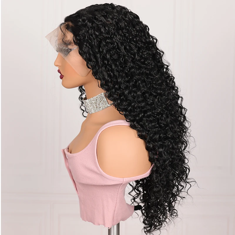 Natural Black Soft 180Density Black Kinky Curly Preplucked 26 Inch Deep Long Lace Front Wig For Women With Baby Hair Glueless