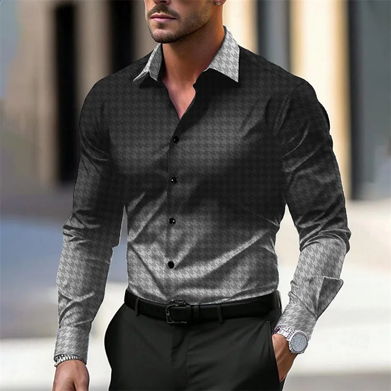 2025 Houndstooth Business Casual Men's Shirt Button-down Shirt Lapel Shirt Long Sleeve Black, Red, Blue XS-6XL Soft Fabric