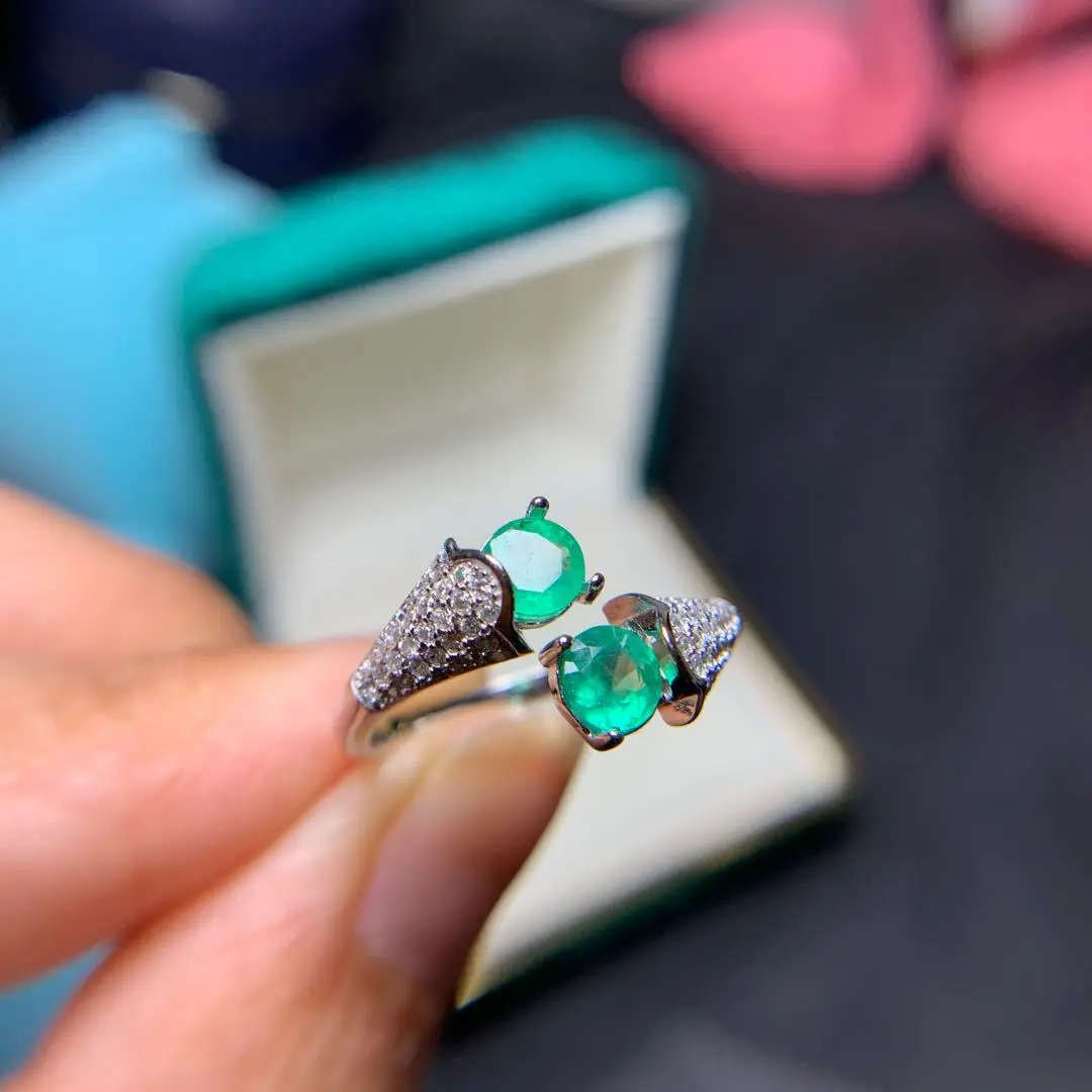 

100% Natural Emerald Elegant Two Gemstones Ring for Woman 5mm*5mm Silver Ring Solid 925 Silver Emerald Ring for Party