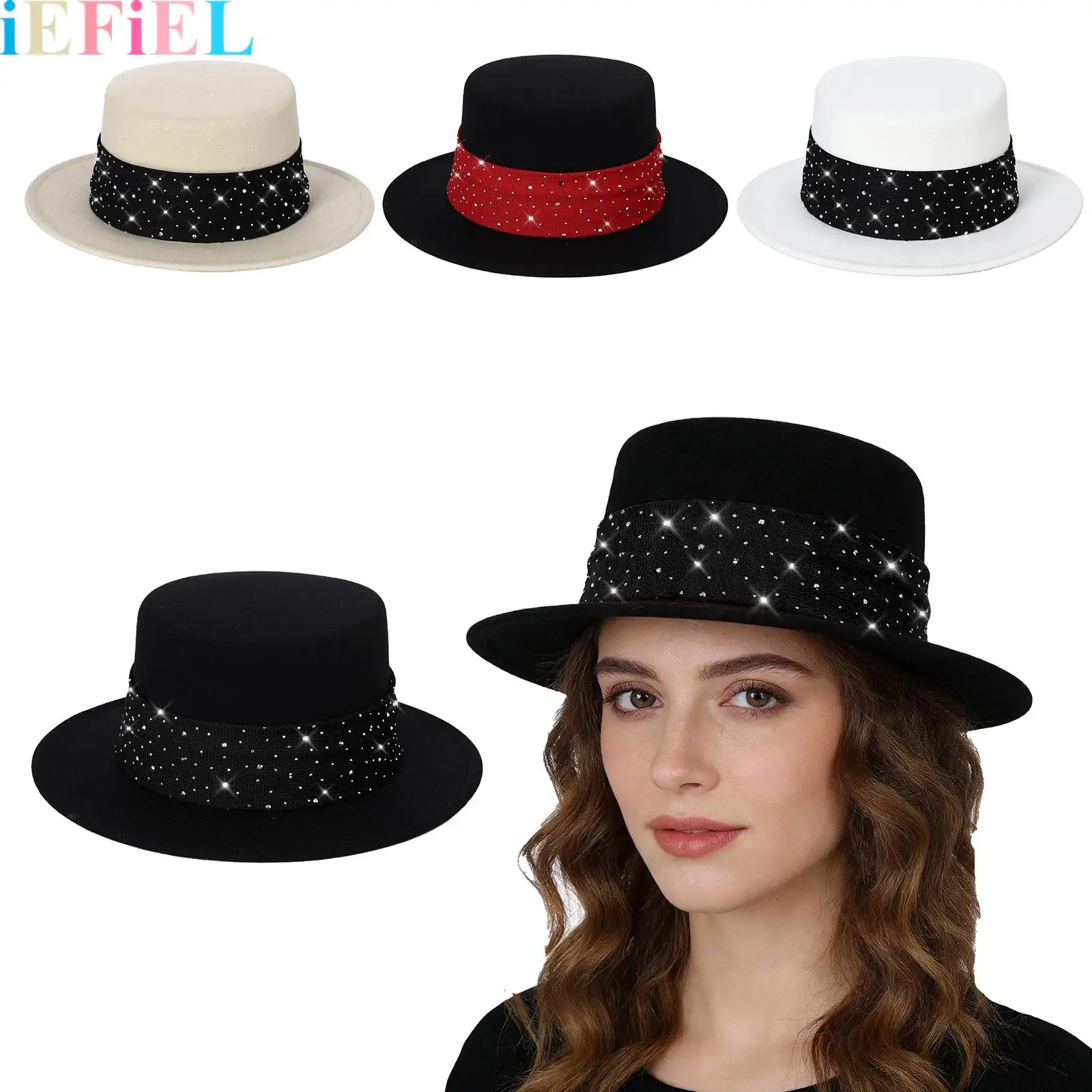 

1Pcs Women Men Retro Fedora Hat Flat Top Hat with Shiny Rhinestones Wide Brim Top Hat for Elegant Dress Hat