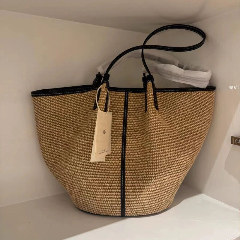Image of Französische handgewebte Schultertasche, elegante, farblich abgestimmte, vielseitige Beuteltasche, hochwertige Strandtasche mit großem Fassungsvermögen für den Urlaub
