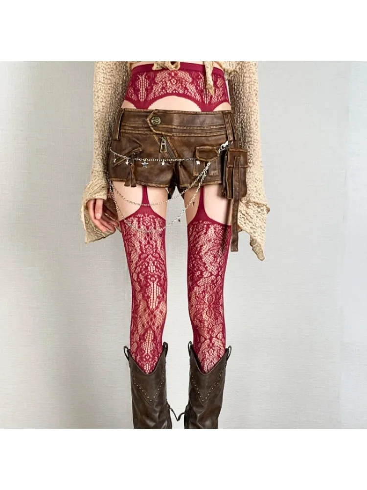 Y2K – collants gothiques ajourés à motifs floraux pour femmes, bas Sexy en résille rouge à bretelles, chaussettes hautes de cuisse Lolita