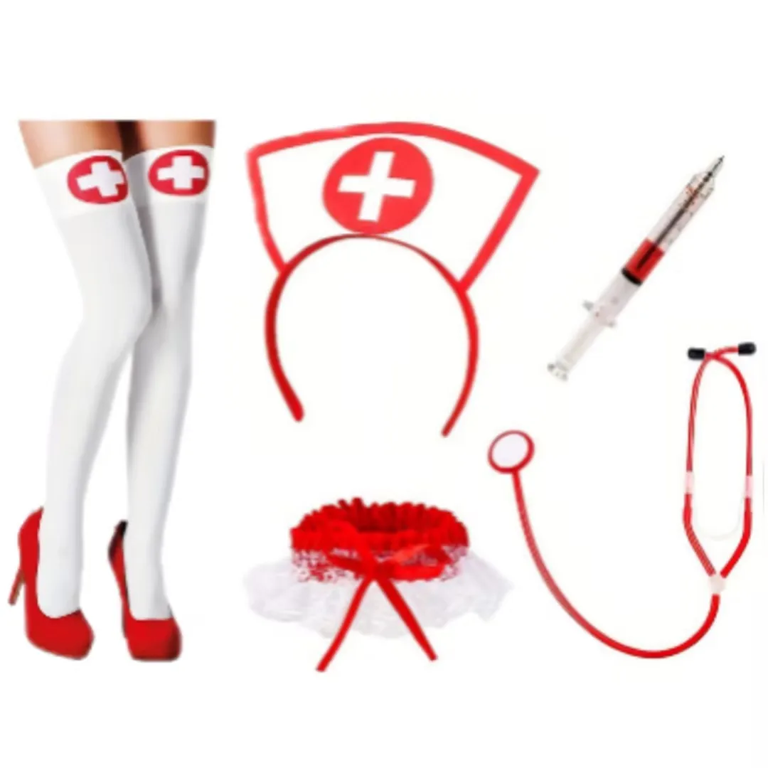 Halloween nurse headwear with fake stethoscope pen sexy nurse headwear headband lace red cute cosplay costume birthday makeup