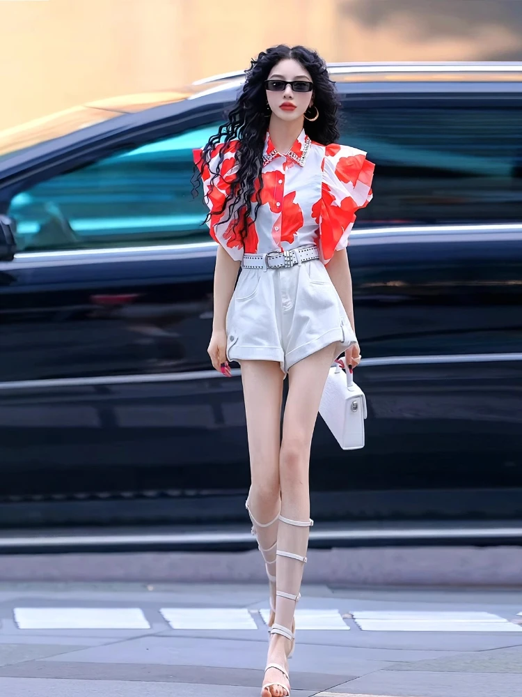 Damen-Anzug, Sommer, urbane Hemden, fliegende Ärmel, Büro, Arbeit, Freizeitkleidung, Damen, Blumendruck, Blusen, A-Linie, kurzes 2-teiliges Set