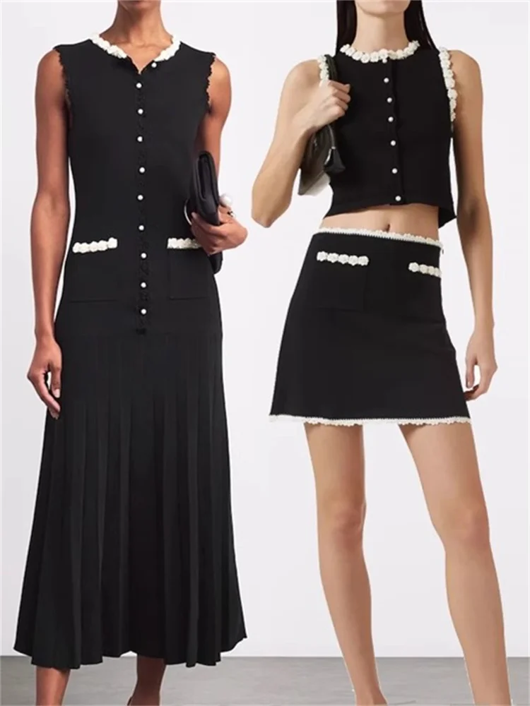 Flor Nail Pearl mujeres negro tejido chaleco o bata Contras Color solo pecho camiseta sin mangas plisado A-Line vestido